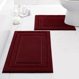HOMEIDEAS Bathroom Rugs Sets 2 Piece, Super Soft and Absorbent Non Slip Microfiber Machine Washable U-Shaped Toilet Bath Mat Set (Burgundy Red)