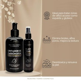 Nuestra Tierra Cosmética Kit Limpiador de Carbón DTOX 250ml con Black Tonic AHA+BHA 125ml, Anti-imperfecciones para Rostro, Cuerpo y Cabello