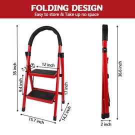 WAWINY 2 Step Ladder Folding, Step Stools for Adults with Wide Anti-Slip Pedals, Curved Cushioned Handrail and Safe-Lock Design, Heavy Duty Portable Multi-Purpose Ladders for Home, Kitchen, Household