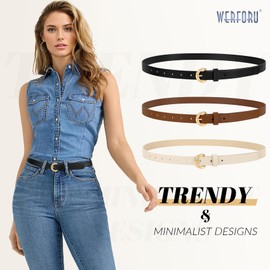 WERFORU 3 Pack Women Skinny Belt Thin Waist Belt for Women Leather Belt with Gold Buckle for Jeans Pants Dress 0.74" Width,A-Black+Brown+Beige,Fit Waist Size 31"-36"