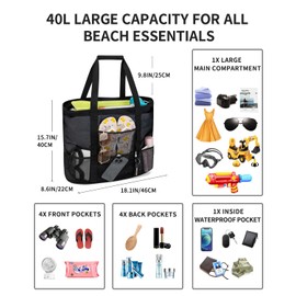 KABAQOO Large Beach Bag with Zip Mesh Beach Bags for Women Men Family with Pockets and Sandproof Bottom Travel Tote for Summer Holiday Pool Grocery Shopping, Medium Black