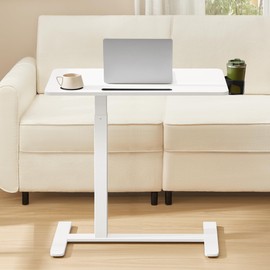 VASAGLE VASAGLE Overbed Table with Wheels, Mobile Standing Computer Desk, 31.5 x 17.7 Inches Tabletop, Adjustable Height, 2 Cup Holders, Phone and Tablet Slot, Cloud White ULSD601W01