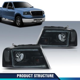 PIT66 LED DRL Headlights Assembly Halogen Compatible with Ford F150 2004-2008, Fit Lincoln Mark LT 06-08 HeadLamps Smoky Lens Black Housing Clear Reflector FO2503247 FO2502247