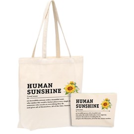 Human Sunshine Noun 2PCS Cosmetic Bag Canvas Tote Bag Beach Bags with Pocket Makeup Bags Inspirational Thank You Gifts Funny Office Supplies Office Gifts for Women Coworker Friend Christmas Boss Day