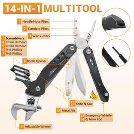 Multitool, 14-in-1 Adjustable Wrench with Screwdrivers, Knife, Saw, Pliers, Ferro Rod, Whistle, Survival Kits for Outdoor Adventures, Camping, Hiking, Fishing, DIY & Repairs