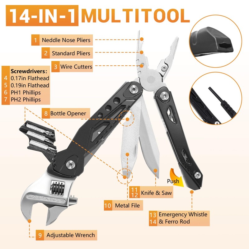 Multitool, 14-in-1 Adjustable Wrench with Screwdrivers, Knife, Saw, Pliers, Ferro