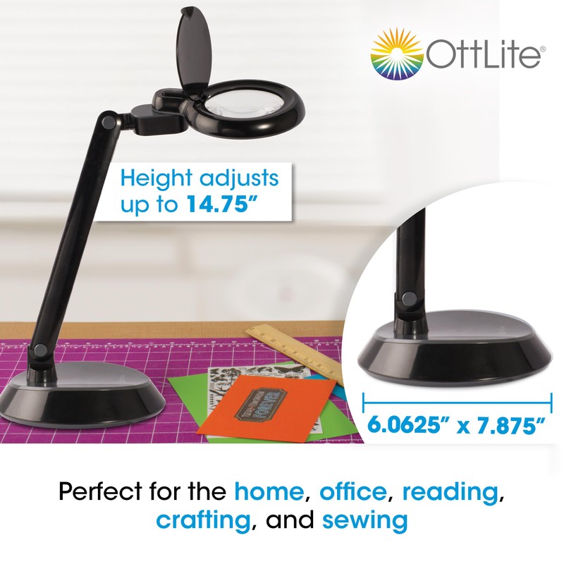 OttLite Space Saving Magnifier LED Desk Lamp, Optical Grade Magnification,