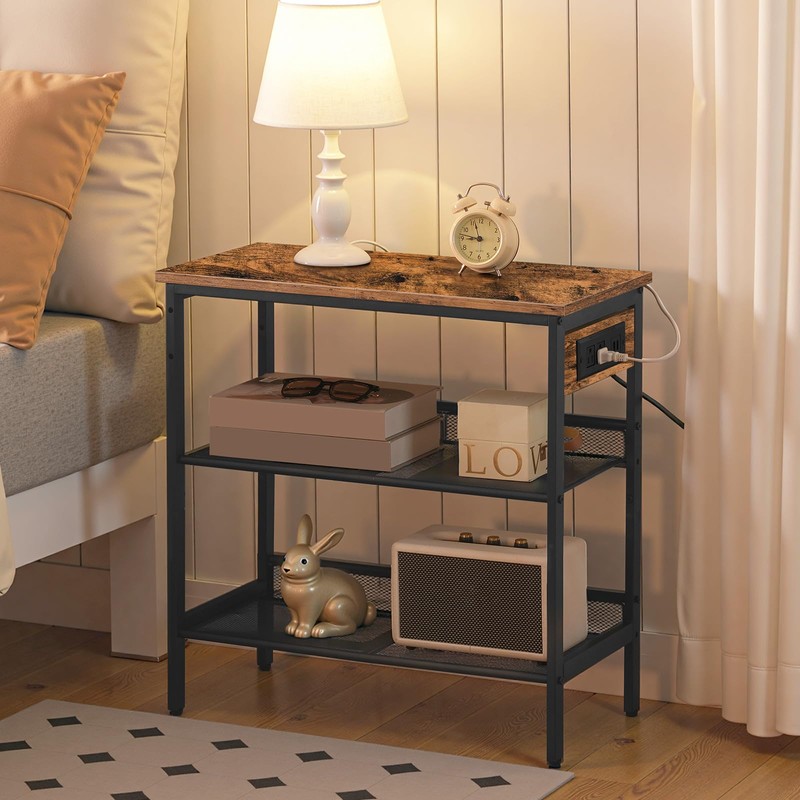 HOOBRO End Table, 3-Tier Narrow Side Table with Charging Station,