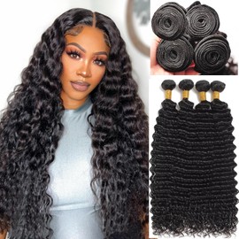 CLOZWIZME Deep Wave Bundles Human Hair 24 Inch Deep Curly Natural Black 100% Unprocessed 12A Quick Weave 4 Bundles Deals