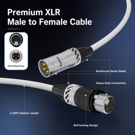 XLR to XLR Outdoor Cable 20FT, Premium Male to Female Microphone Cable, Pure Copper Mic Cord, LLDPE+PVC Double Jacket, UV Resistant, for Outdoor & Indoor, Gold-Plated Pins, Balanced Shielded, White