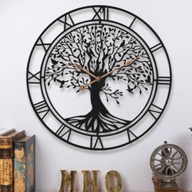 Dankeit Tree of Life Wall Clock, 24Inch Metal Black Family Tree Oversized Wall Clocks for Living Room Bedroom Home Decor, Modern Silent Mid-Century Battery Operated