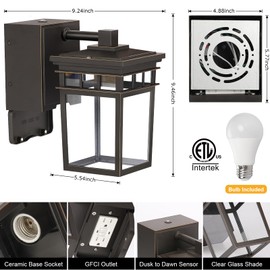 2 Pack Porch Lights with GFCI Outlets, Dusk to Dawn Outdoor Lighting Exterior Light Fixtures Wall Mount, Waterproof Alunmium Wall Sconces for House Patio Garage Front Door, 9W LED Bulbs Included(ORB)