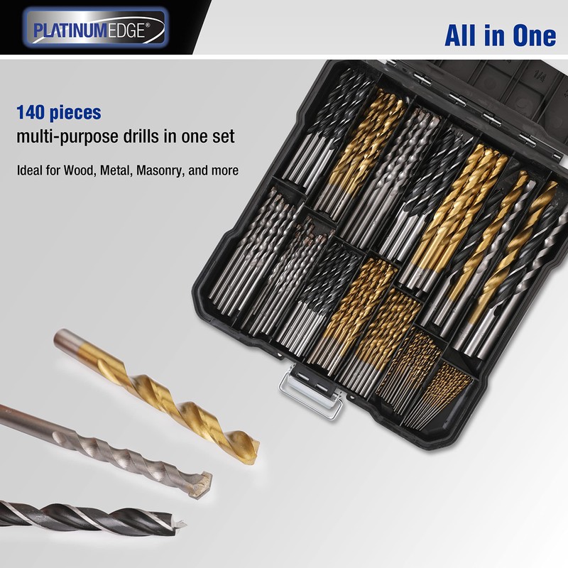 PLATINUMEDGE 140PC Multipurpose Drill Bits Set, 88PC Titanium Twist Drill