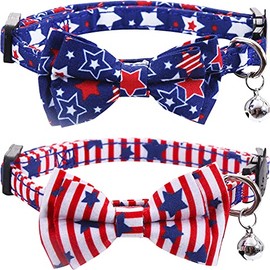 2 Pack American Flag Cat Collar with Bell Bow Tie Star Breakaway Adjustable for 4th of July Independence Day