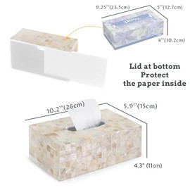 PEMAR Rectangular Mother of Pearl Lacquer Nacre Inlay Wood Tissue Box, Handmade Rectangle Tissue Box Cover Holder Decorative Napkin Dispenser Organizer Rustic Farmhouse Vintage Decor (White Sand)