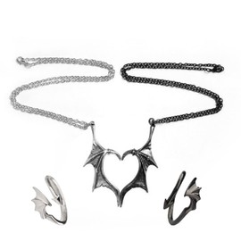 Gothic Matching Love Heart Pendant Necklaces Set Dragon Bat Wing Choker Friendship Lovers Couples for Women Men Cool BFF Jewelry-C
