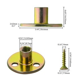 WMYCONGCONG 64PCS Iron Plate Nut Screw Set 3/8” Brad Hole Tee T-nut with Round Base Furniture Hardware Flange Insert Female Thread T-Nut with Mounting Screws Set (3/8" - 64Pcs)