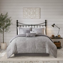 Madison Park Walter Comforter - Luxe Seersucker Print Design, All Season Down Alternative Bedding, Matching Shams, Bedskirt, Decorative Pillows, Grey Cal King(104"x92") 7 Piece