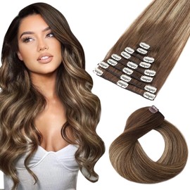 Elailite Clip in Hair Extensions Real Human Hair Remy Hair Full Head - 8 Pcs Invisible Thin Weft - Balayage Ombre #4/4P27 Midium Brown/Dark Blonde - 18 Inch (69 g)