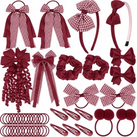 50Pcs Dark Red Hair School Kit Bow Hair Clips Red Headband Elastic Headbands Ribbon Ponytail Holder School Hair Accessories Red for Girls Christmas Birthday Gift