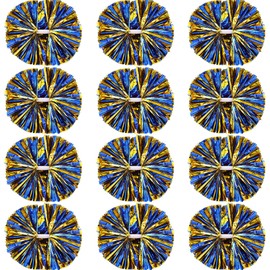 Hoteam 12 Pack Cheerleading Pom Poms Cheer Pompoms with Baton Handle Metallic Foil Pompoms for Adult for Team Sports Party Dance Cheering Squad Accessories, 14 Inch (Blue and Gold)