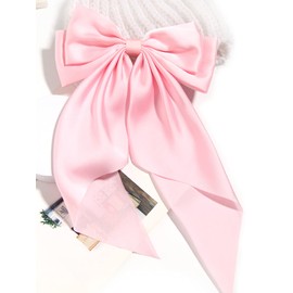 Women Big Bow Barrettes Girl's Satin Hairclips Long Ribbon Hair Pins For Party (Pink)