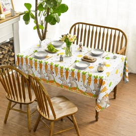 Horaldaily Easter Tablecloth 60×84 Inch Rectangular, Orange Easter Bunny Carrot Egg Washable Seasonal Table Cover for Party Picnic Dinner Decor