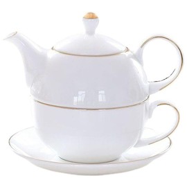 YBK Tech Ceramic Tea for One Set, 12oz Teapot and 8.2oz Cup with Saucer (White)
