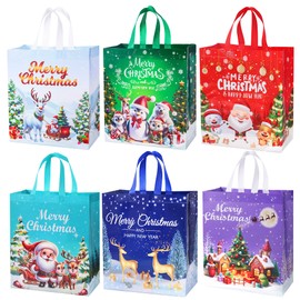 Norvens 6 Pack Christmas Tote Bag, Extra Large Reusable Grocery Bag with Handle, Present Bag, Shopping Bag for Holiday Xmas Event Party