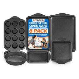 Emporio Kitchen Baking Pan Set - Nonstick Coating, Carbon Steel Bakeware Sets with Gray Silicone Handles, PFOA, PFOS, PTFE Free, Recipe Booklet Included, Oven Safe Tray (Up To 450° F), Set of 6 - Gray