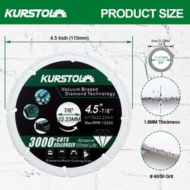 KURSTOL Diamond Metal Cutting Wheel - 2pcs Diameter 4-1/2" (115mm) Vacuum Brazing Cut off Wheel with a Reducer Washer 7/8"-5/8" Diamond Blade for Rebar Angle Iron Sheet Metal Stainless Steel Cutting