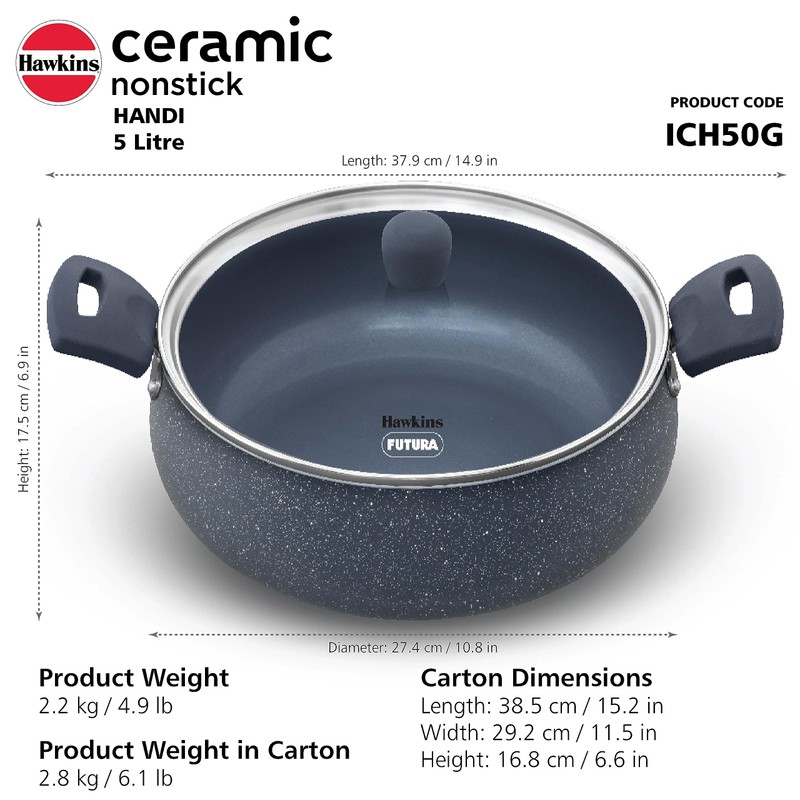 Hawkins Ceramic Nonstick Handi, 5 Litre, Induction Biryani Pot, Granite