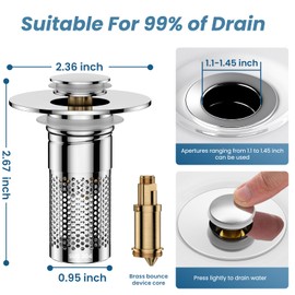 Bathroom Sink Drain Strainer，Pop Up Sink Drain Filter with Removable Stainless Steel Filter Basket Hair Catcher，Bathroom Drain Stopper Sink Plug for 1.1"-1.45" Basin Drain Holes