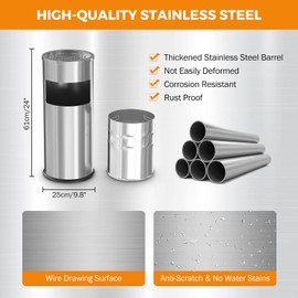 BEAMNOVA Trash Can with Lid Outdoor Indoor Stainless Steel Commercial Garbage Bin Waste Container for Patio Yard Garage with Inside Barrel, Metallic, 9.8 in x 24 in (D * H)