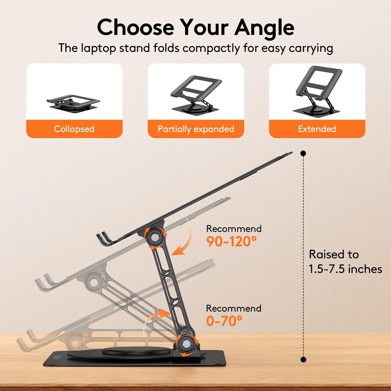 TECKNET Laptop Stand for Desk, 360 Rotating Base, Ergonomic Foldable