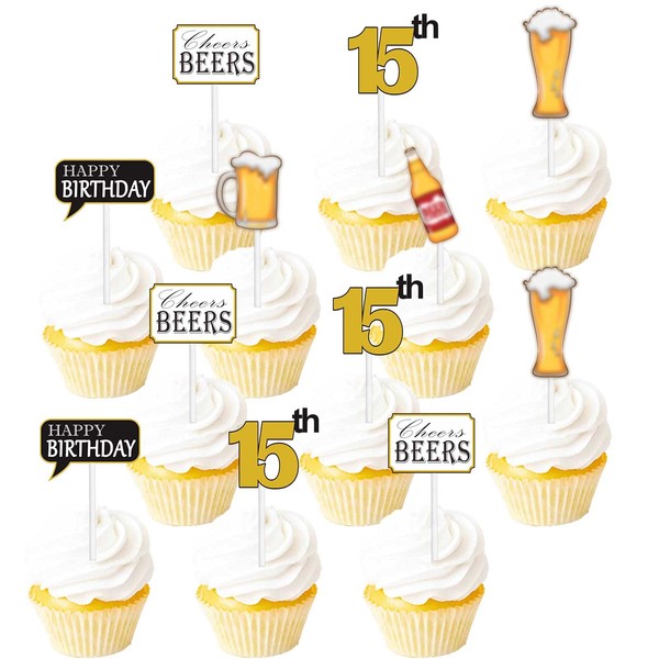 18PCS Beer Mug Bottles Birthday Cupcake Topper Picks for Girls Boys 15th Happy Birthday Party Cheers and Beers Theme Party Decoration Supplies Cheer to 15 Gold Glitter
