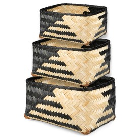 Crutello Woven Bamboo Storage Baskets, Set of 3 Black and Natural Pattern Bamboo Baskets for Storage, Organization Boho Basket, Farmhouse Basket Bins, Black Wicker Basket for Decor Living Room Pantry