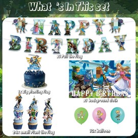 42pcs Zeldas Birthday Party Supplies Pack Includes，Banner，Cake Topper，Blackdrop,Balloons for Zeldas party supplies