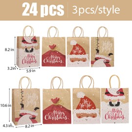 DDLP 24pcs Christmas Gift Bags Assorted Sizes Bulk Small and Medium Santa Claus Xmas Holiday Kraft Paper Gift Bags with Handle
