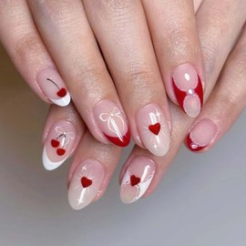 Pink Press on Nails Short Almond Fake Nails Cute Nails Press ons with Bow,Cherry,Heart Print Design,24Pcs with Nail Sticky Tabs & Reusable & Easy Apply, Full Cover Stick on Nails for Women Manicure