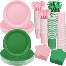 Willinglong 96 Sets/ 384 Pcs Green and Pink Witch Party Decoration Pink and Green Paper Plates Napkins Cups and Fork Decorations for Girl Birthday Decorations