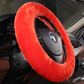 Plush Fuzzy Wool Sheepskin Car Steering Wheel Cover for Girls Women, Protector Universal Car Auto Steering Wheel 14 1/2-15 1/2inchs (Tangerine)