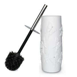 Indecor Home White Butterfly with Rhinestone Design Toilet Brush and Holder Set, Elegant Bathroom Cleaning Tool with Durable Bristles, Compact and Stylish