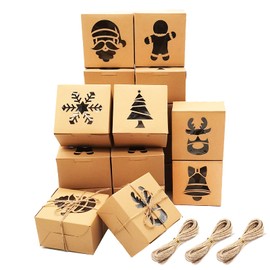 48 PCS Christmas Cookie Boxes with Clear Window, 4x4x2.5 Inches Brown Christmas Kraft Gift Boxes, Bakery Treat Candy Doughnut Boxes for Holiday Gift Giving, Christmas Party Favors.
