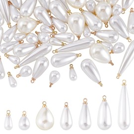AHANDMAKER Pack of 70 Teardrop Imitation Pearls Pendants, 7 Styles, Resin Brass Bead, Water Drop Charms, Teardrop Shape Bead Pendants with Golden Brass Fittings, for Jewellery Making, Brass; Resin