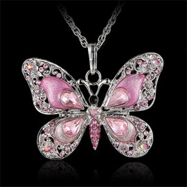 IS4U Vintage Multicolor Butterfly Necklace Bohemian Multicolor Enamel Butterfly Necklace Rhinestone Butterfly Pendant Necklace Chain Enamel Ethnic Costume Jewelry for Women (Pink)