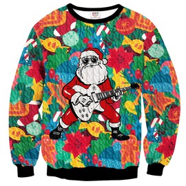 Arvihill Unisex Men Women Adult Long Sleeve Funny Jumper Ugly Christmas Sweater Holiday Tree 3D Printed Sweatshirt Santa Guitar L