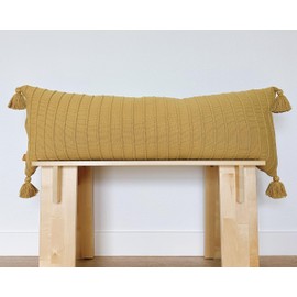 Lumi Living Muted Mustard Yellow Ribbed Lumbar Pillow Cover – 14x36 Cotton Knit with Tassels, Subtle Decorative Accent for Bed, Sofa, or Bench