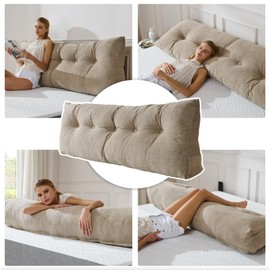 Lukace Premium Wedge Pillow Headboard with Removable Cover - Triangular Reading Support Backrest for Bed with Side Pockets, Perfect for Reading & TV (Beige Queen Size, 60x8x20 Inches)