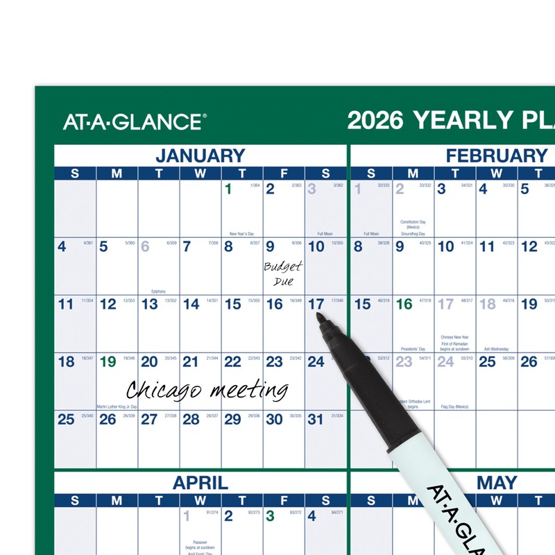 AT-A-GLANCE 2026 Erasable Calendar, Dry Erase Wall Planner, 24" x